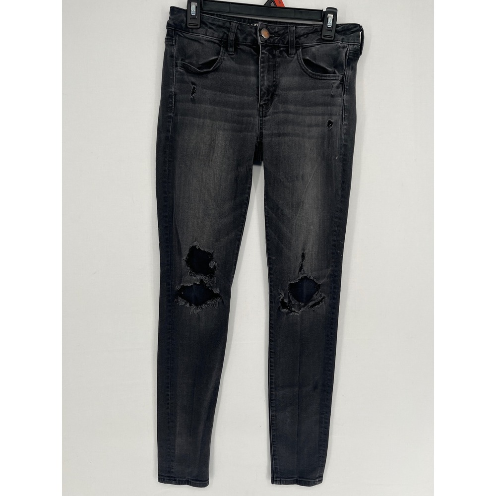 American Eagle Super Stretch Jeggings Black Distressed Ripped Skinny Jeans 8 L
